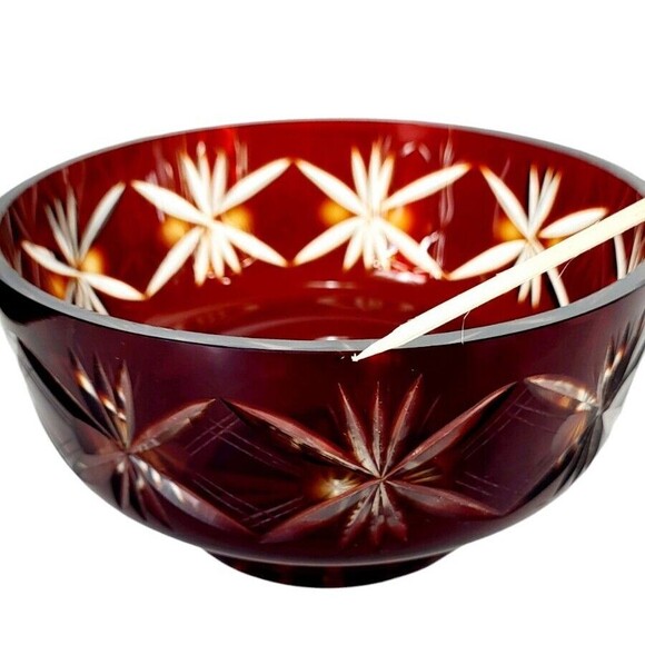VTG Faberge Ruby Red To Clear Diamond Cut Crystal Starburst Atomic Pedestal Bowl - Picture 13 of 13